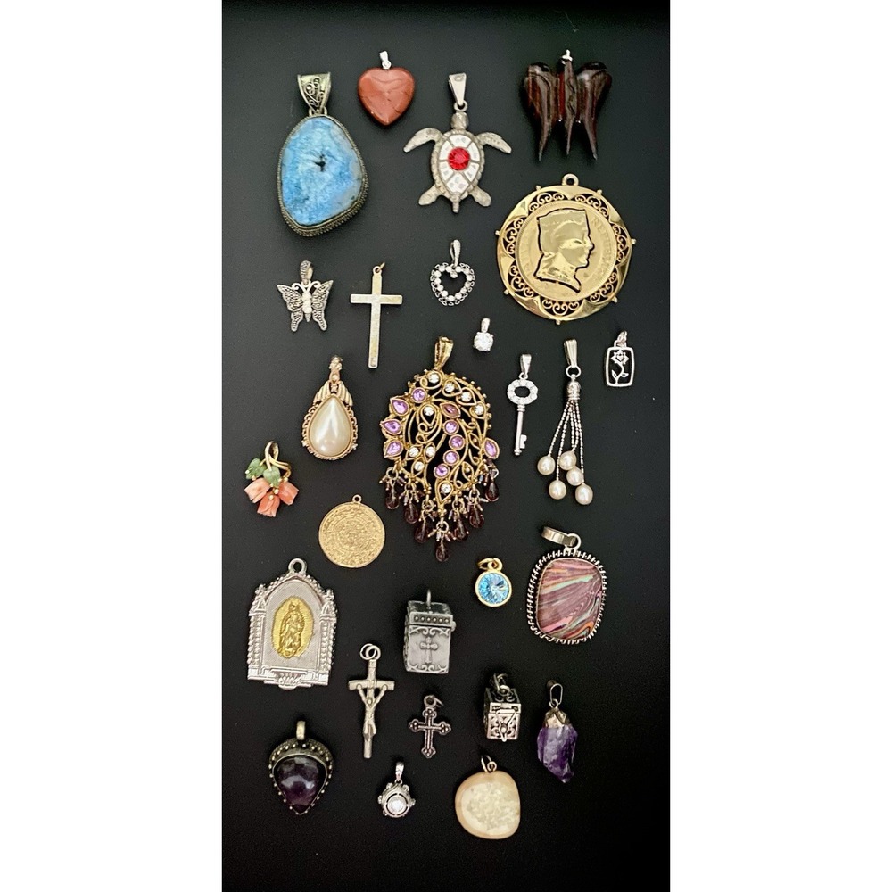 VTG To Modern Pendant Charm Lot - Flower Turtle Cross Enamel Stone Rhinestones